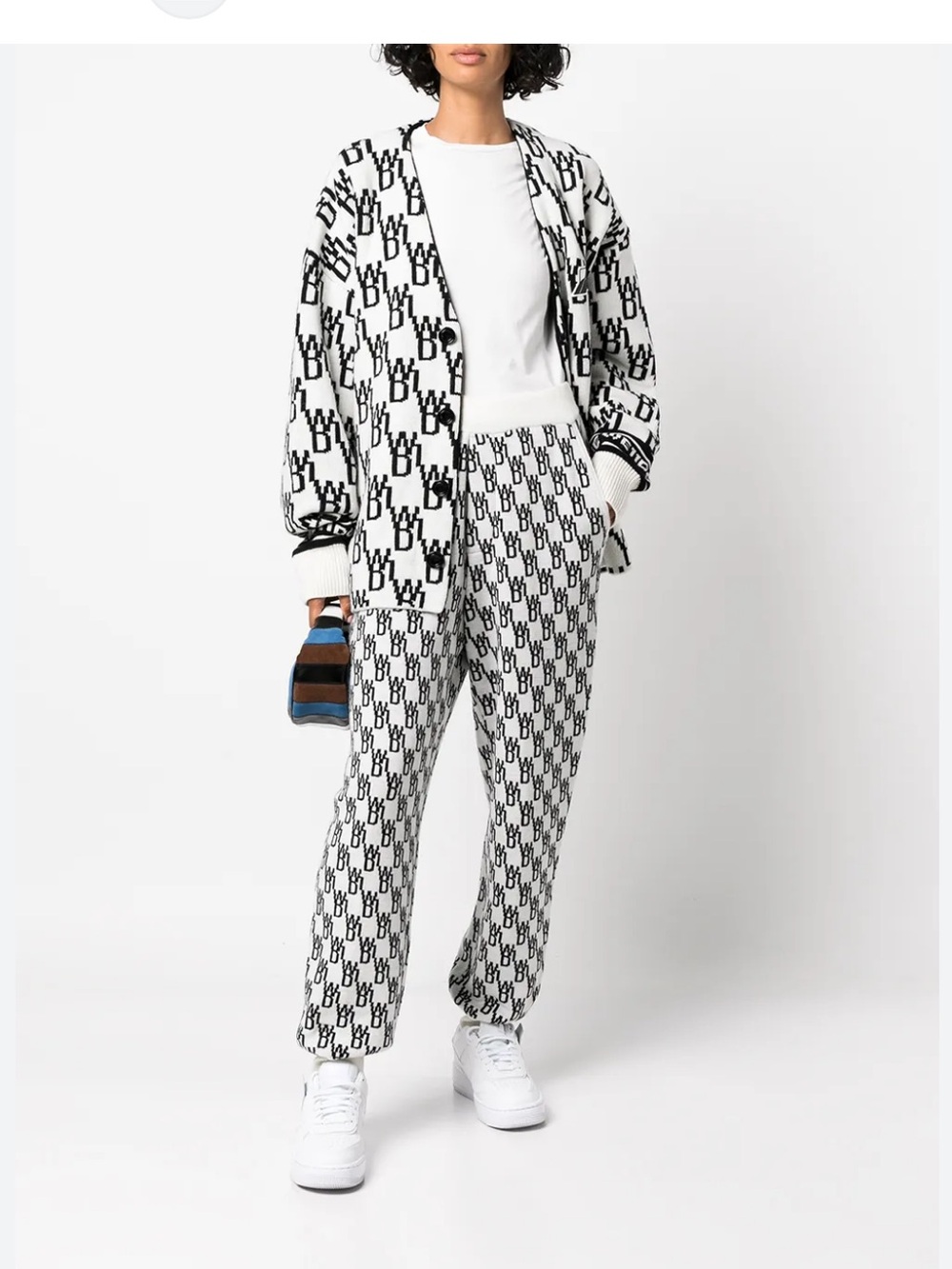 We11done Welldone Intarsia Knit Monogram Logo Pants Button Hem White Black Small